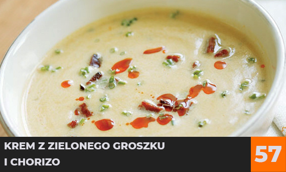 Krem z zielonego groszku i chorizo.